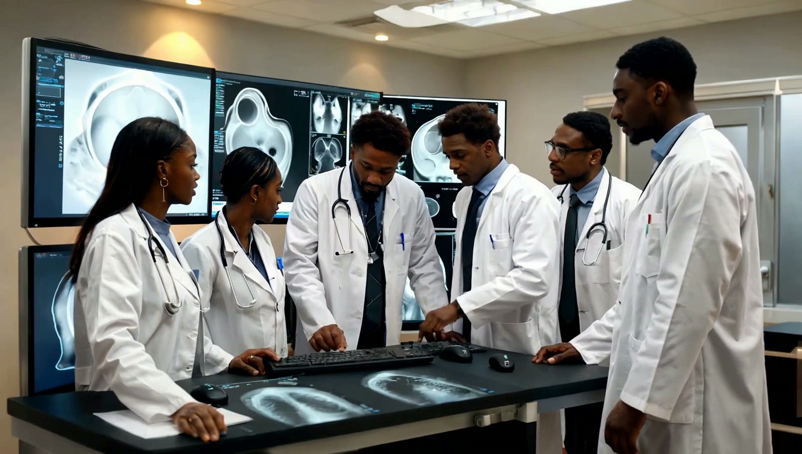 Illustrative scene of Nigerian medical professionals collaborating in a clinical learning environment