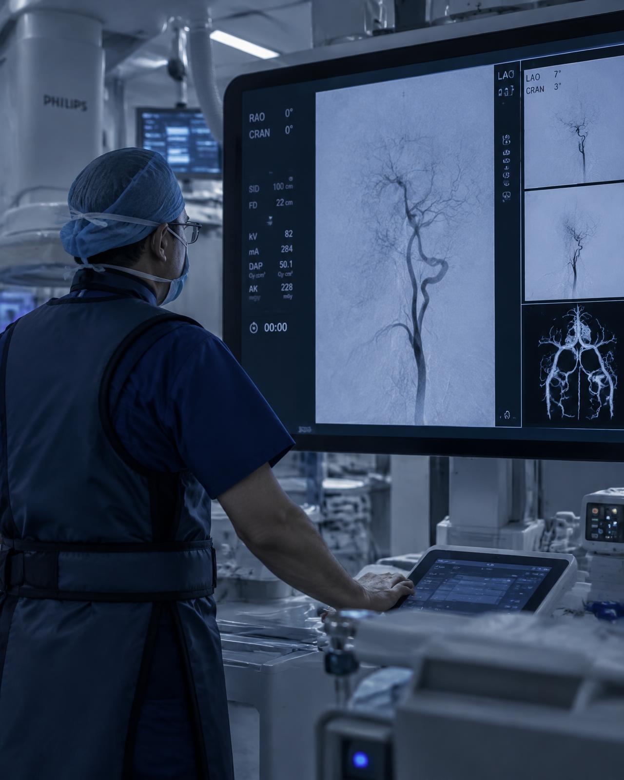 Interventional radiologist working at an angiography imaging monitor in a modern procedure suite