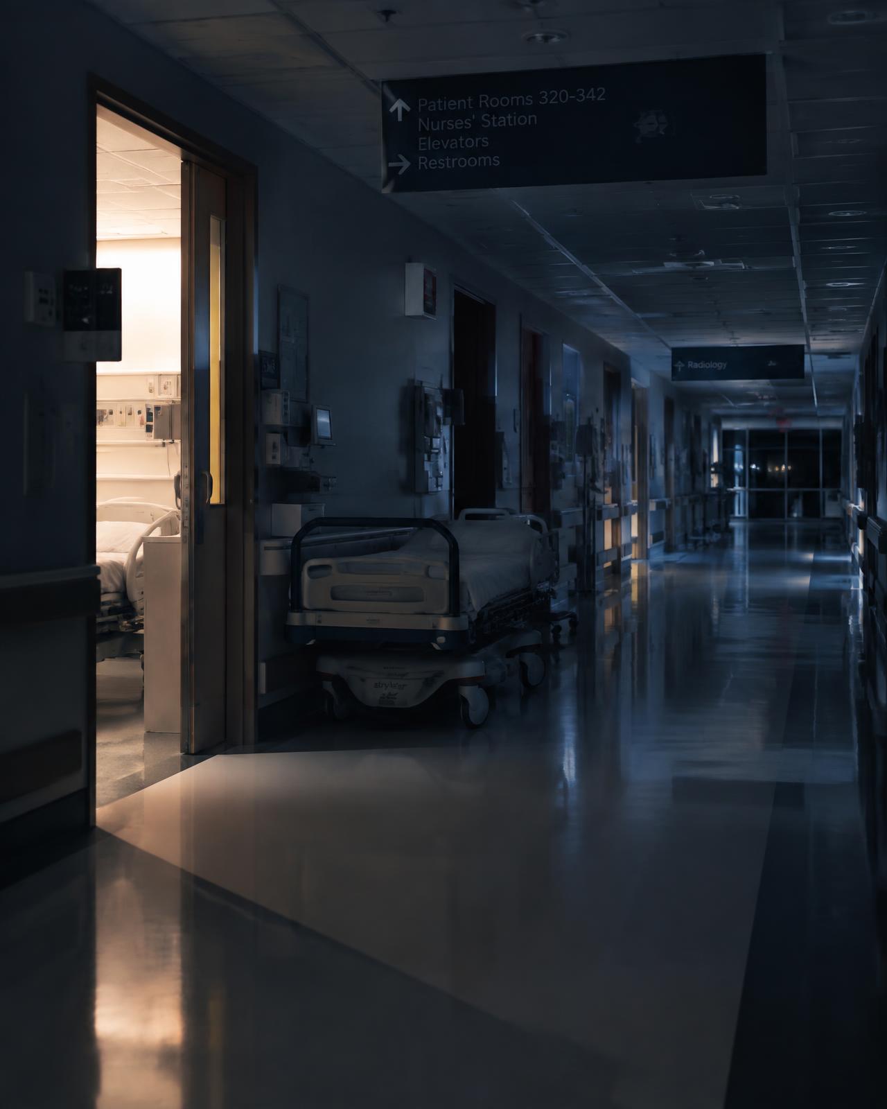 A quiet hospital corridor at night with light from an open doorway and radiology signage further along