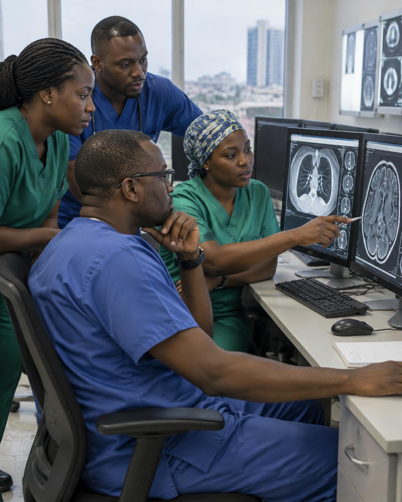 Nigerian clinicians reviewing medical imaging together at a hospital reading room workstation